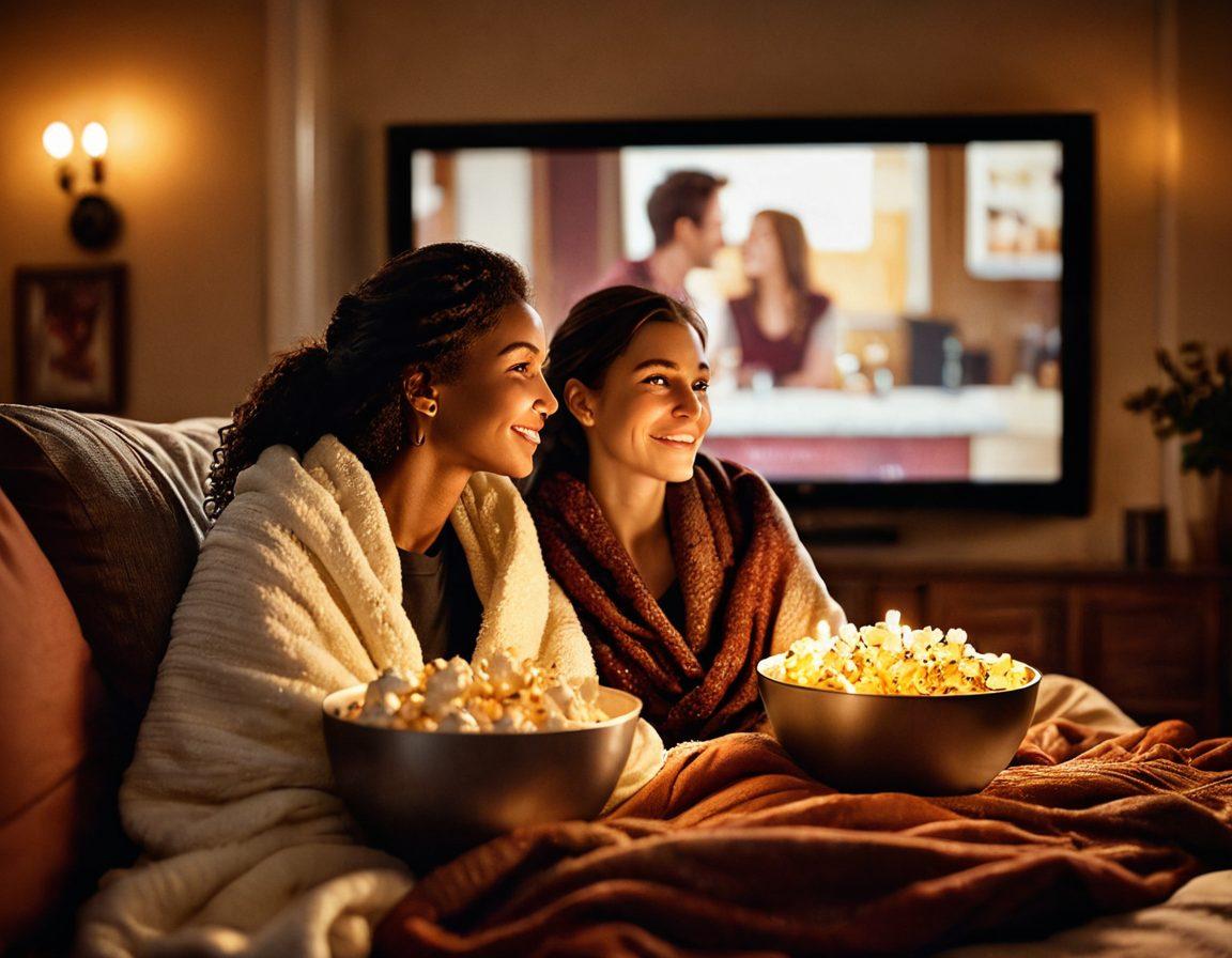 A cozy, intimate setting featuring a couple watching a high-definition film together, wrapped in a blanket, with soft lighting and warm colors. The screen in front of them shows a romantic scene, illuminating their faces with a flicker of emotion. Surrounding them are subtle details like popcorn and a glass of wine, creating a warm, inviting atmosphere. cinematic style. warm tones. soft focus.