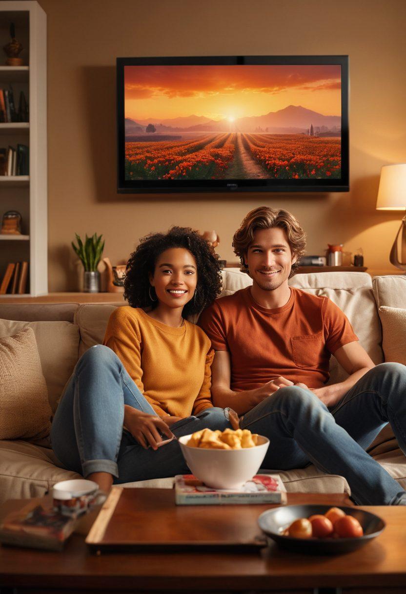 A cozy living room scene where a couple sits together on a plush sofa, engrossed in watching a streaming service on a large smart TV. The atmosphere is warm and intimate, with soft lighting, an array of snacks on a coffee table, and a memorable movie poster in the background. Emphasize the joyful expressions on their faces while surrounded by elements of technology and love.  super-realistic. warm colors. intimate ambiance.