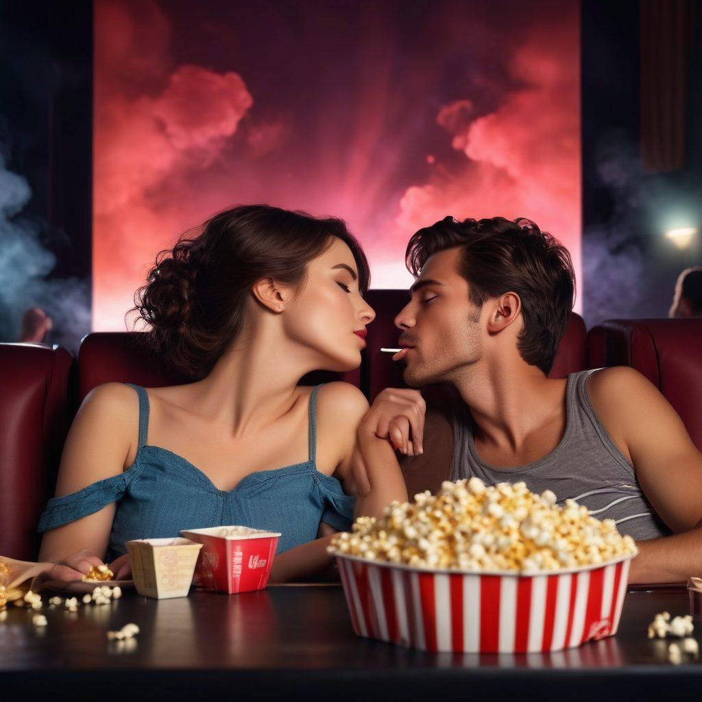 A dimly lit cinema with a large screen displaying a passionate romantic scene, surrounded by couples sharing intimate moments, soft glow of popcorn and drinks reflecting in their eyes, ethereal smoke drifting across the screen, conveying deep emotions of love and connection. super-realistic. vibrant colors. cinematic style.